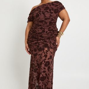 Plus Devore Asymmetric Neckline Sheer Skirt Maxi Dress