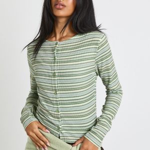 Striped Rib Button Through Long Sleeve Top
