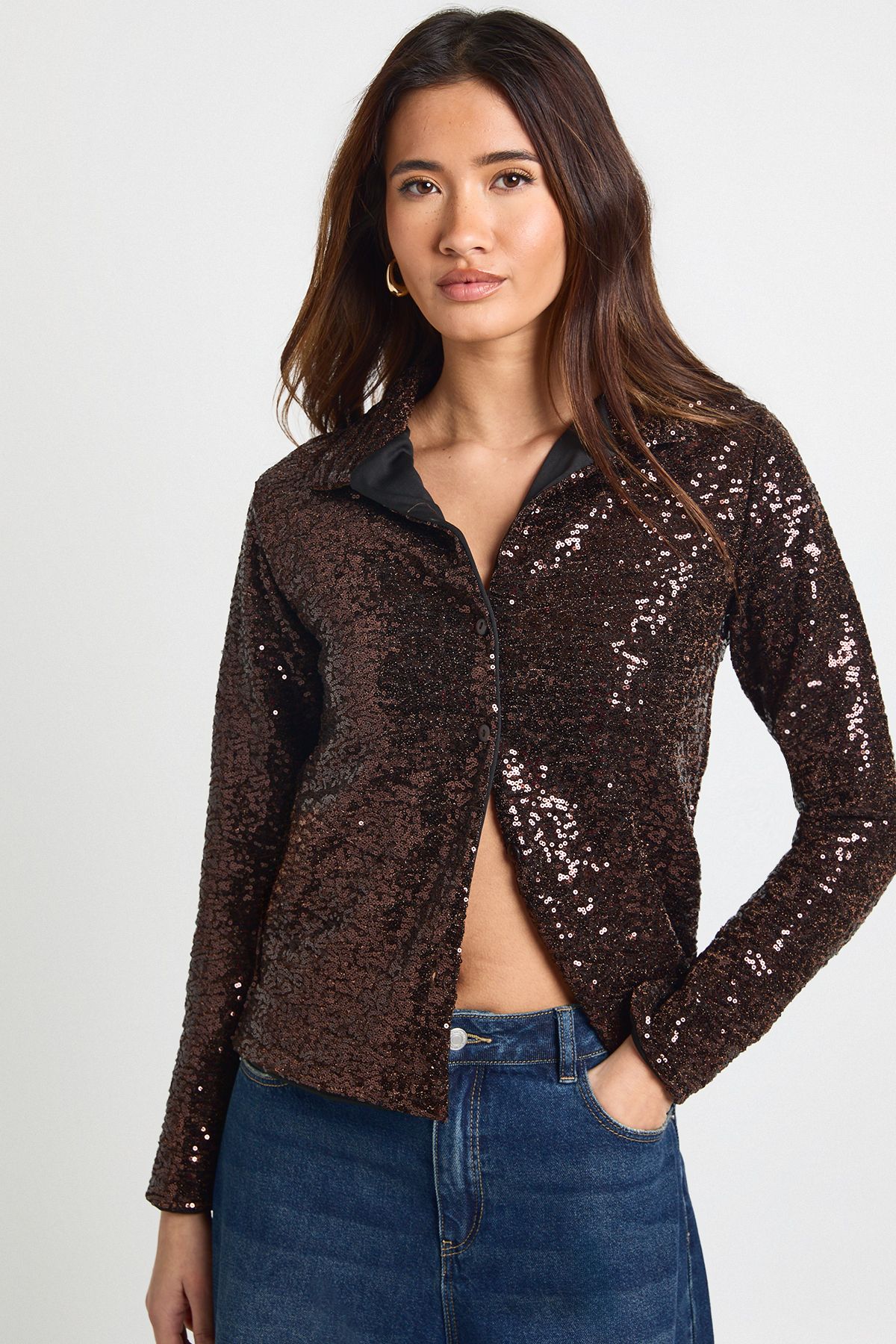 Sequin Oversized Button Through Shirt