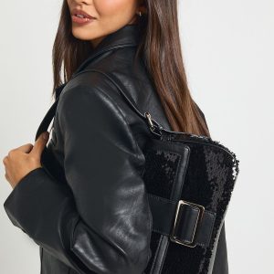 Black Sequin Buckle Shoulder Bag