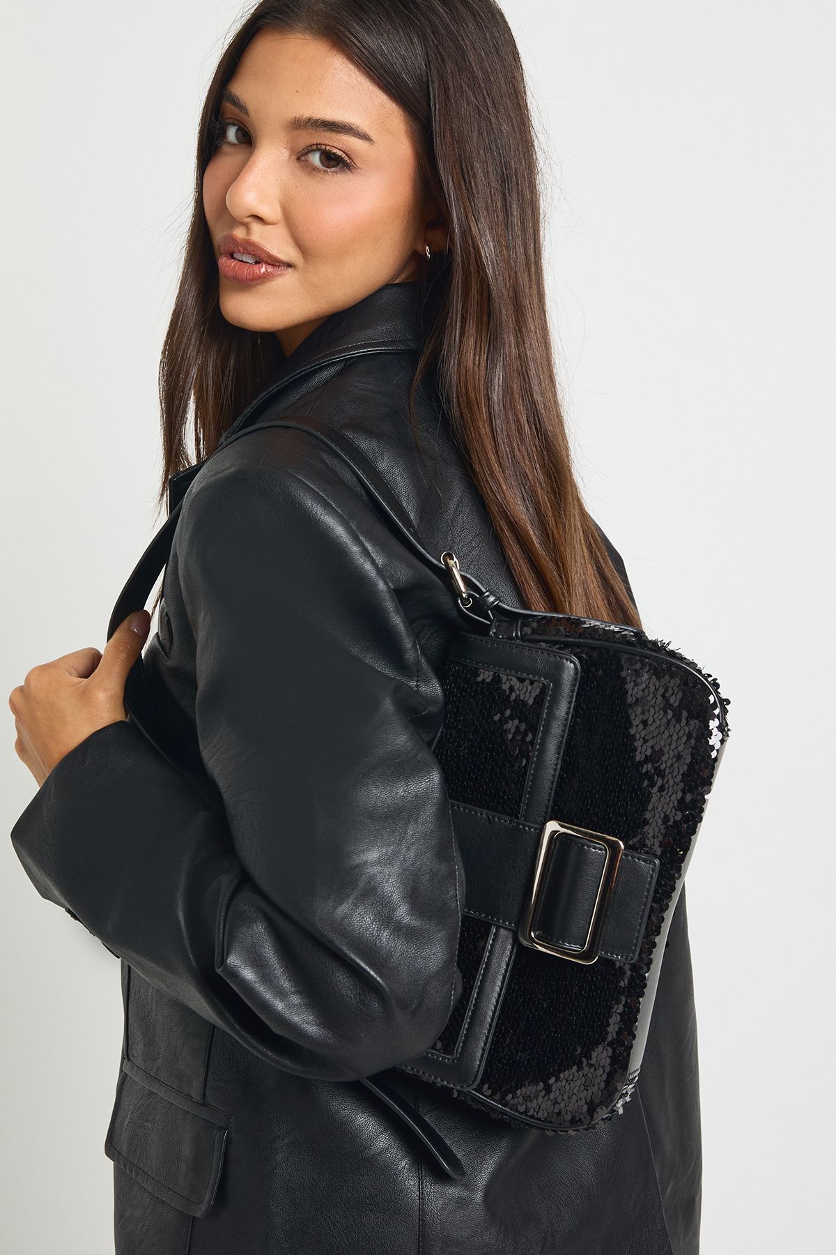 Black Sequin Buckle Shoulder Bag