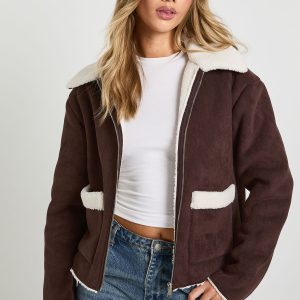 Teddy Trim Faux Suede Aviator