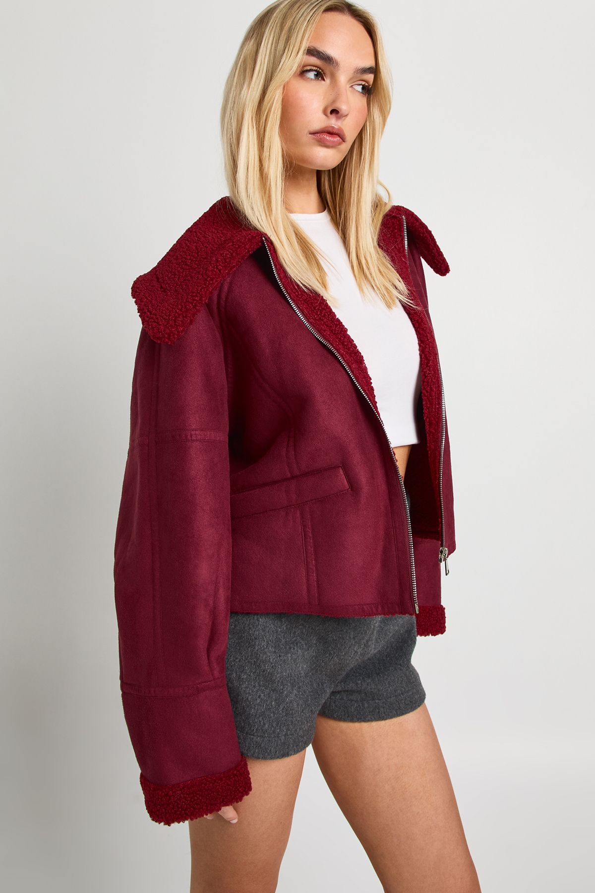 Teddy Trim Faux Suede Aviator - Image 3