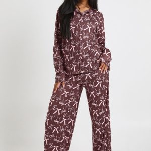 Mixed Bow Print Long Sleeve Shirt & Trousers Pyjama Set