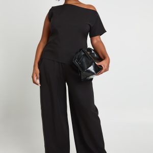 Plus Asymmetrical Off The Shoulder Top And Pleated Waist Wide Leg Trouser