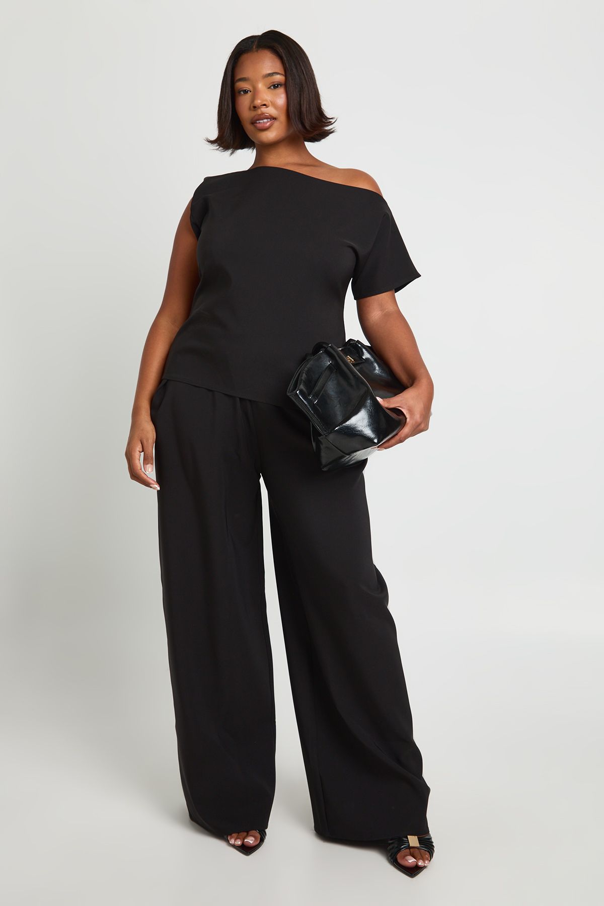 Plus Asymmetrical Off The Shoulder Top And Pleated Waist Wide Leg Trouser