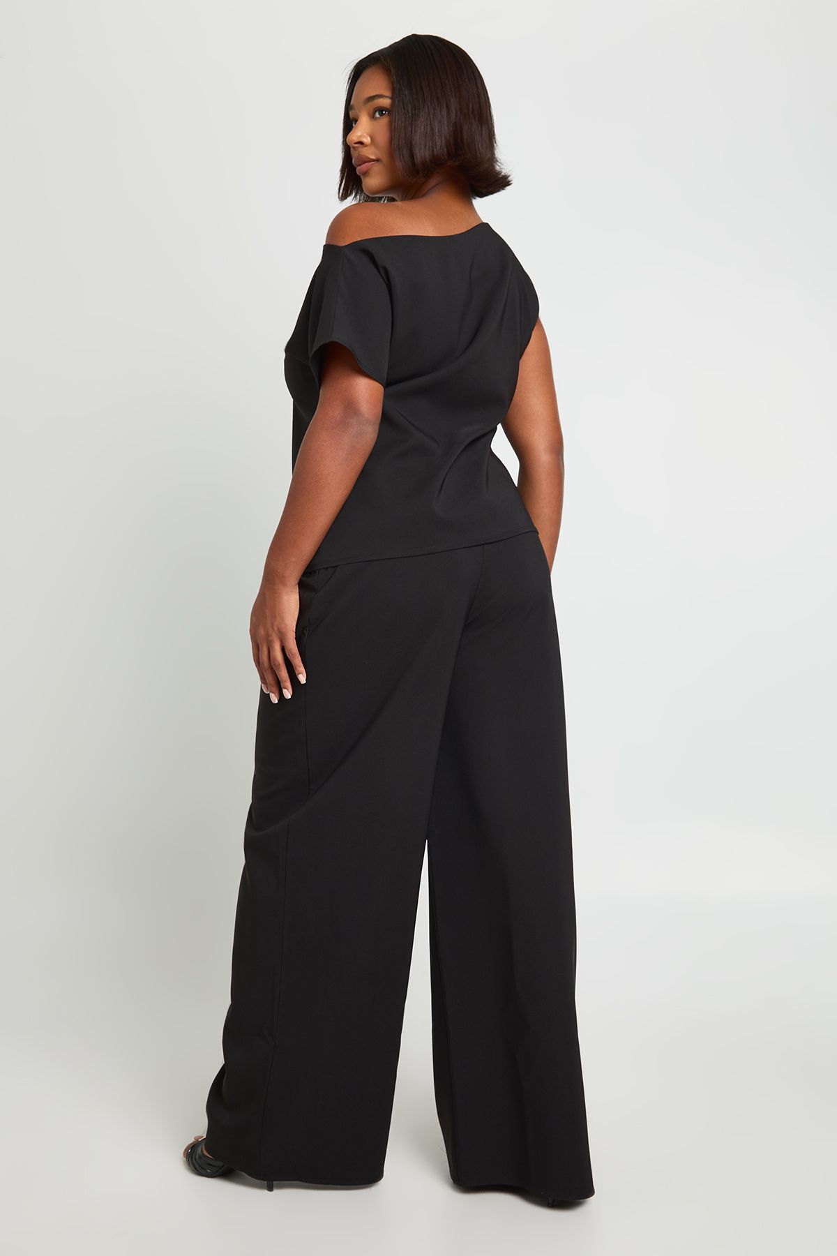 Plus Asymmetrical Off The Shoulder Top And Pleated Waist Wide Leg Trouser - Image 2