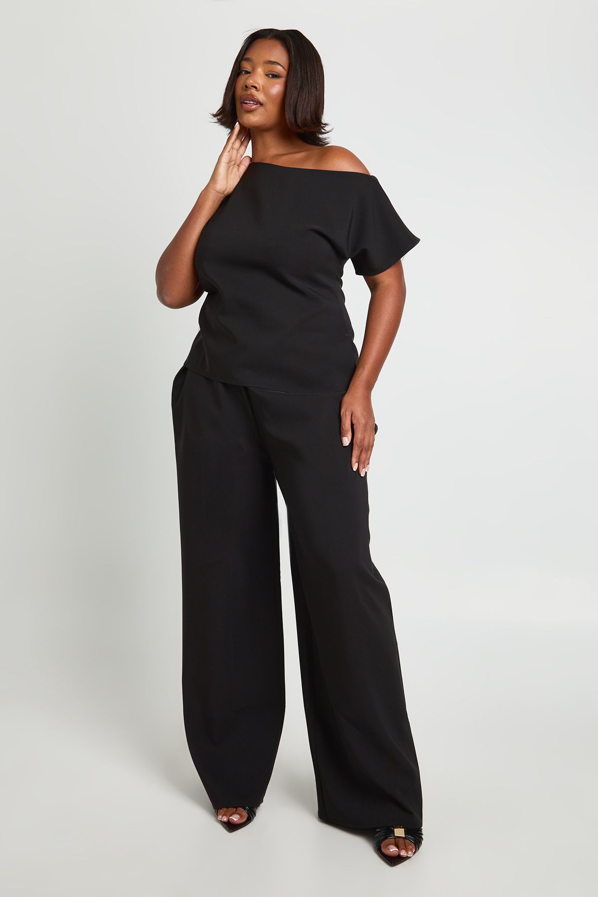 Plus Asymmetrical Off The Shoulder Top And Pleated Waist Wide Leg Trouser - Image 3