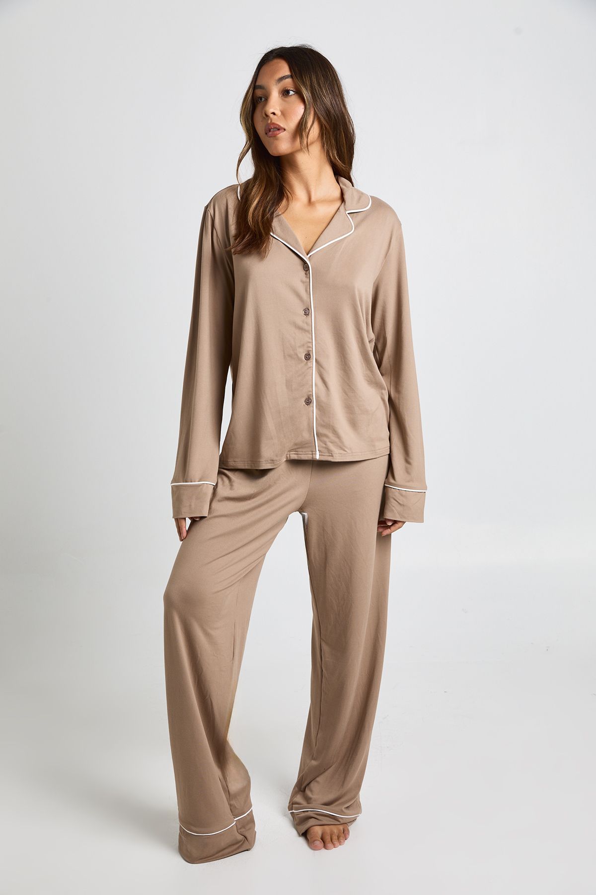 Jersey Piping Detail Long Sleeve Shirt & Trouser Pyjama Set