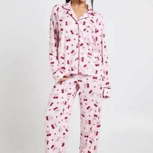 Cherry Print Long Sleeve Shirt & Trouser 3 Piece Pyjama Set