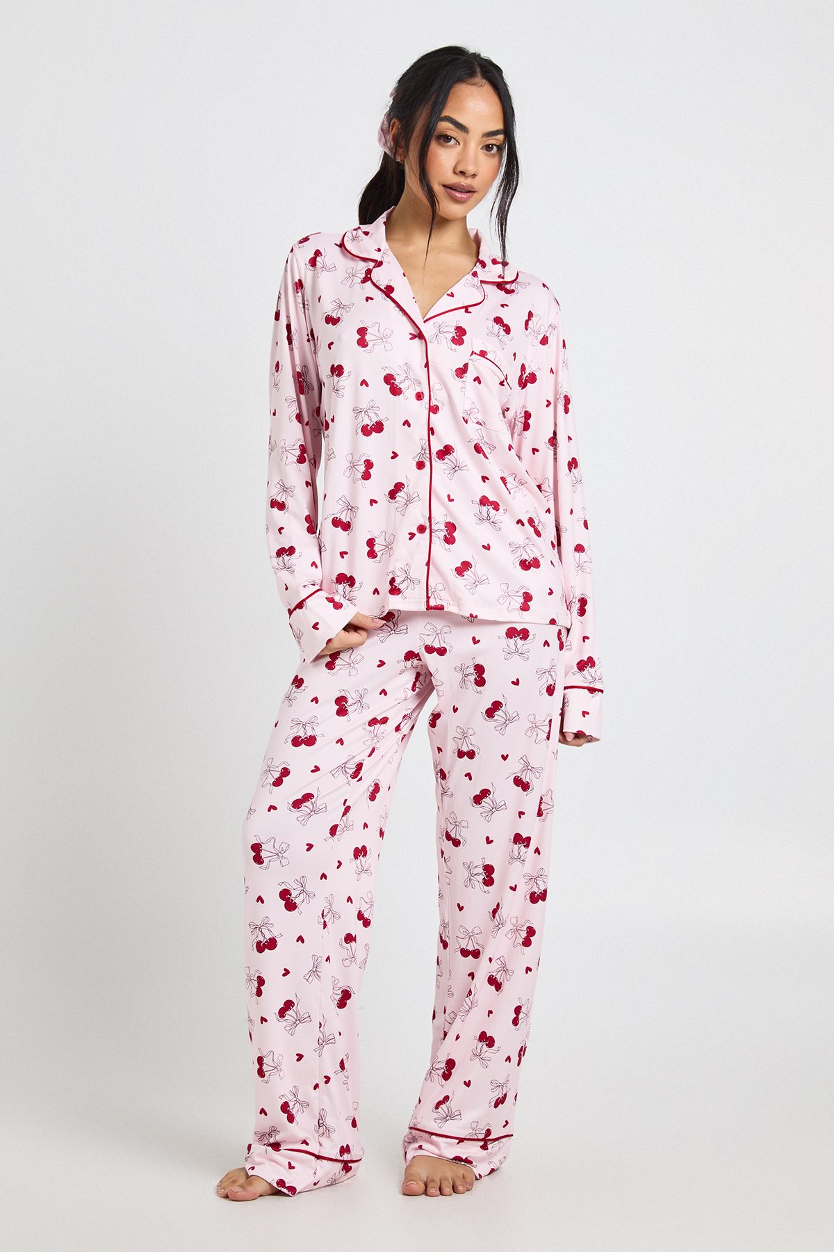 Cherry Print Long Sleeve Shirt & Trouser 3 Piece Pyjama Set