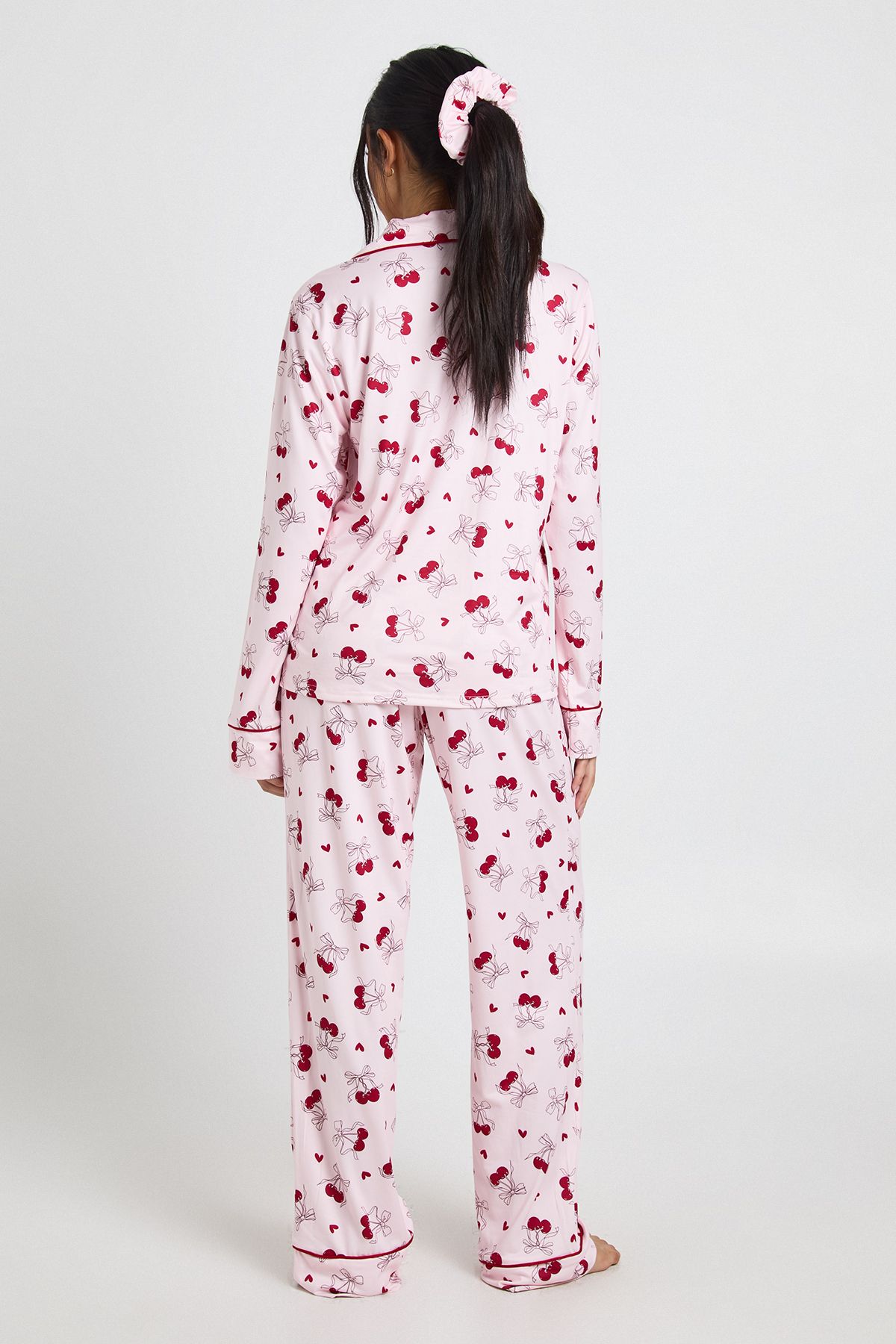 Cherry Print Long Sleeve Shirt & Trouser 3 Piece Pyjama Set - Image 2