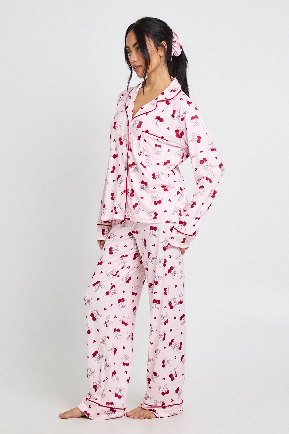 Cherry Print Long Sleeve Shirt & Trouser 3 Piece Pyjama Set - Image 3