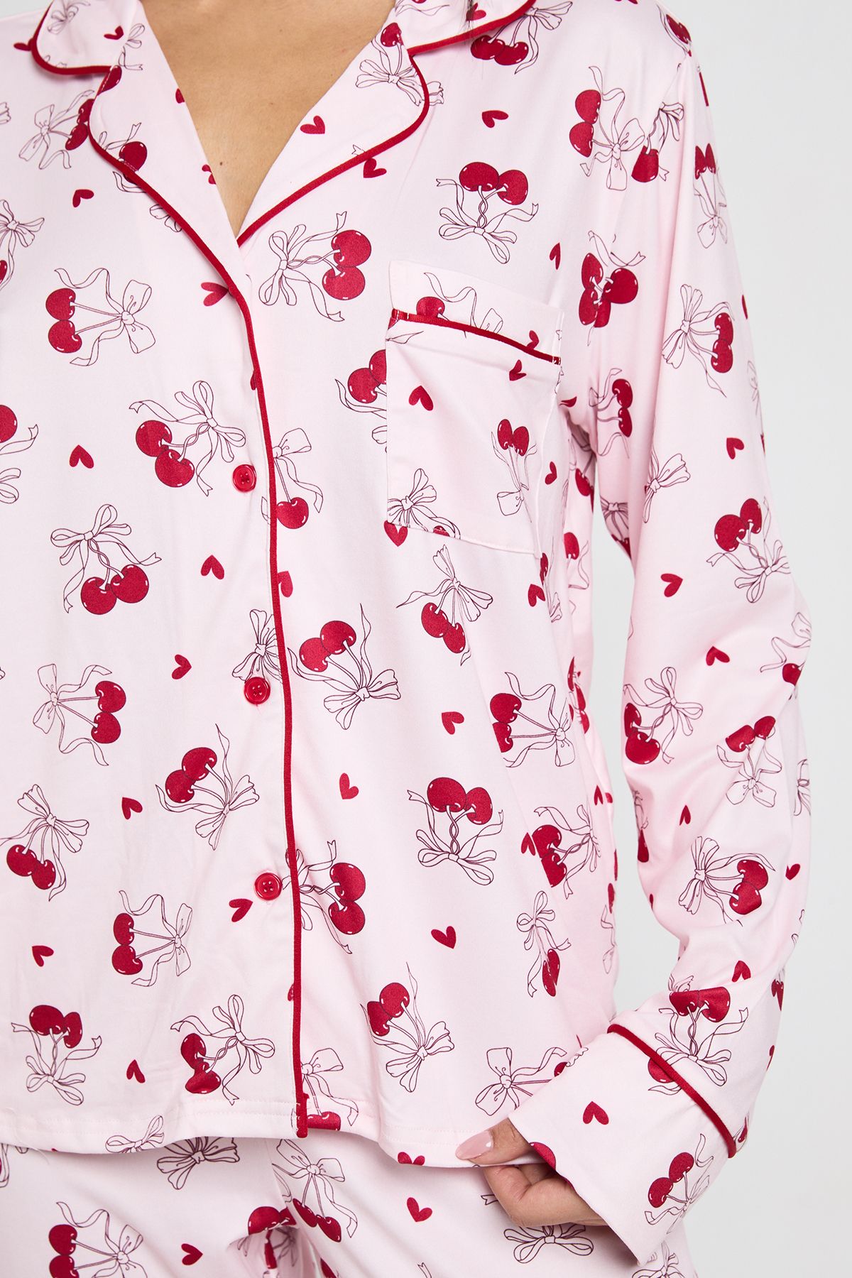 Cherry Print Long Sleeve Shirt & Trouser 3 Piece Pyjama Set - Image 4