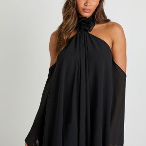 Rose Trim Chiffon Halterneck Mini Dress