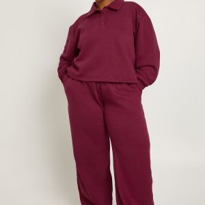 Plus Collared Button Down Sweatshirt & Wide Leg Co Ord