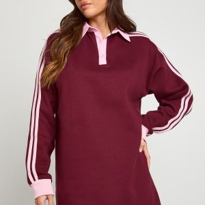 Side Stripe Long Sleeve Collared Sweat Dress