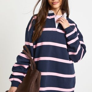 Stripe Long Sleeve Collared Sweat Dress