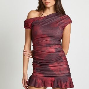 Blurred Floral Asymmetric Ruched Mini Dress