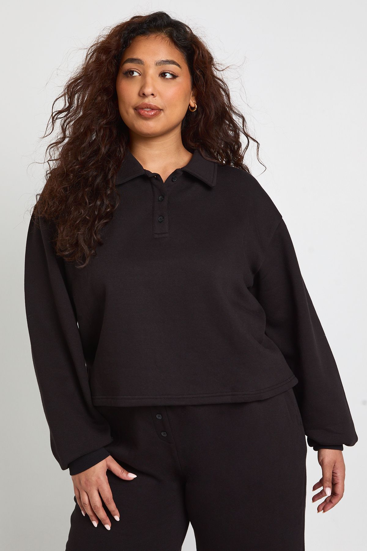 Plus Button Down Collared Sweatshirt