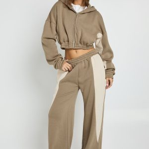 Contrast Panel Zip Through Hoodie Wide Leg Jogger Tracksuit
