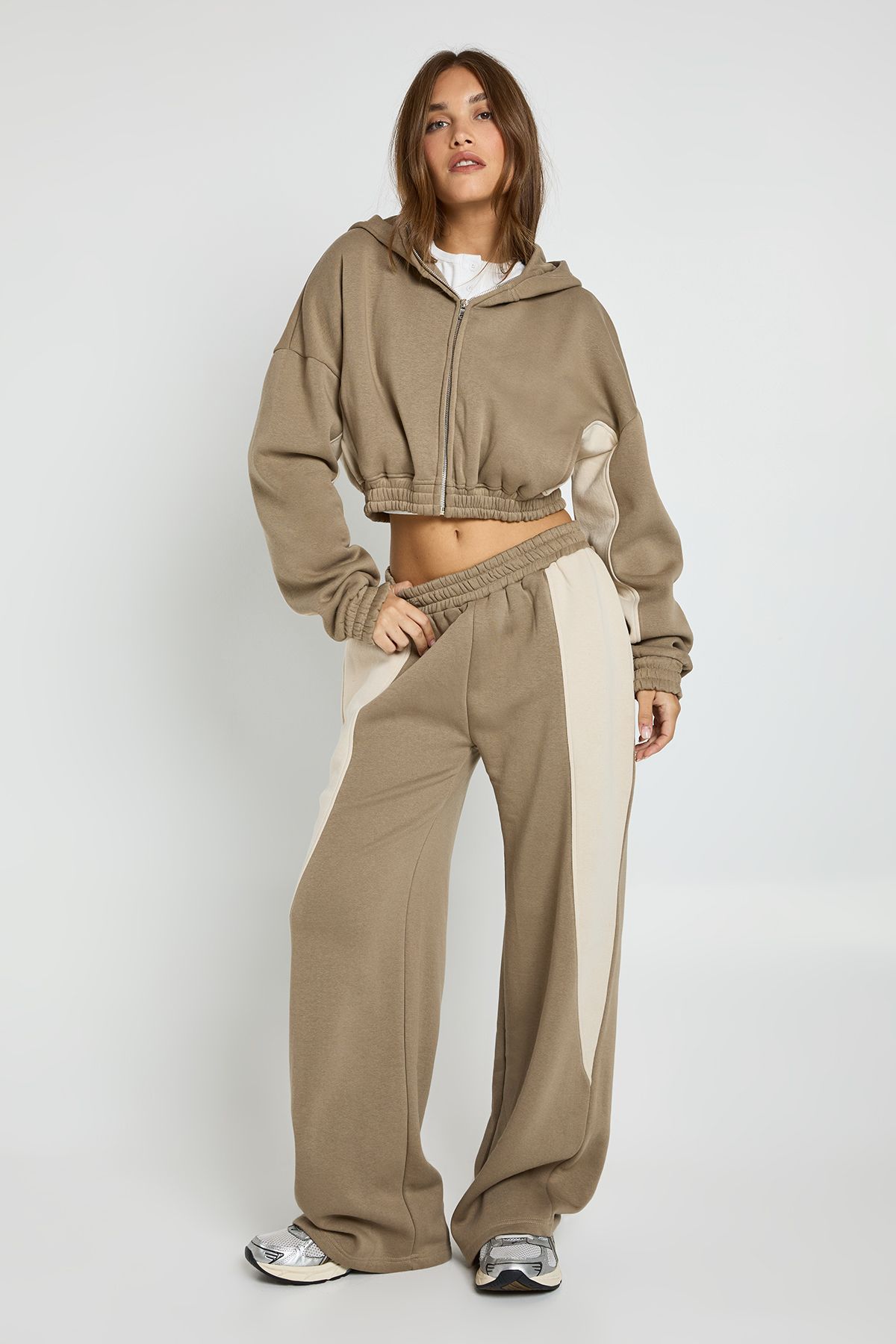 Contrast Panel Zip Through Hoodie Wide Leg Jogger Tracksuit
