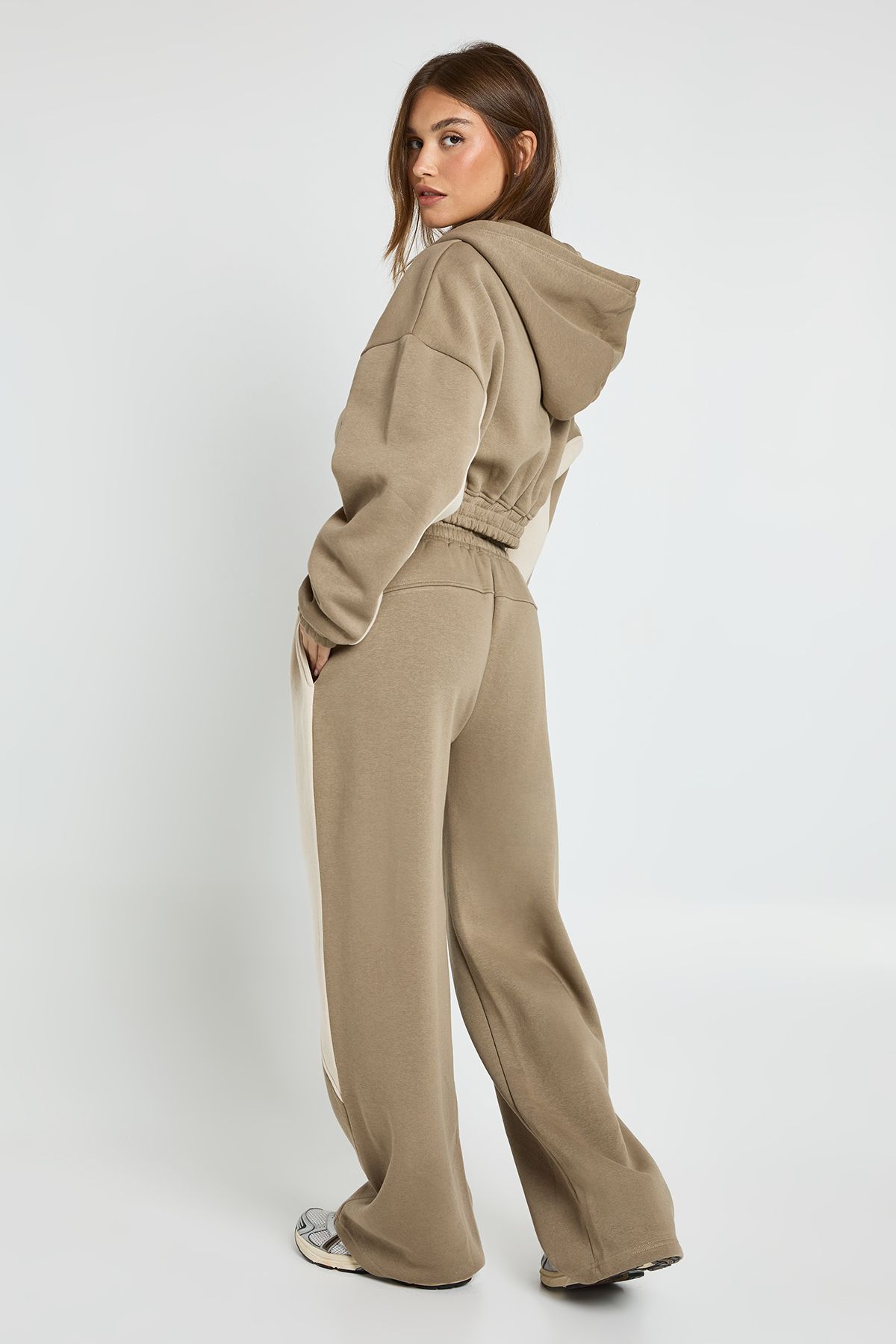 Contrast Panel Zip Through Hoodie Wide Leg Jogger Tracksuit - Image 2