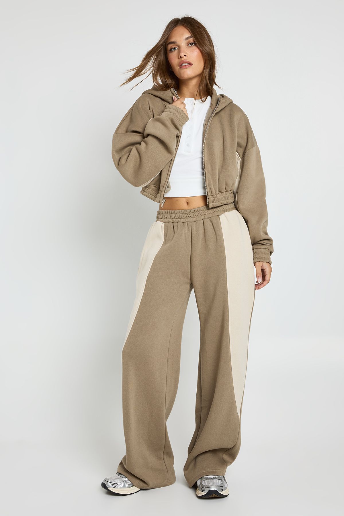 Contrast Panel Zip Through Hoodie Wide Leg Jogger Tracksuit - Image 3