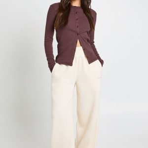 Rib Button Through Long Sleeve Top