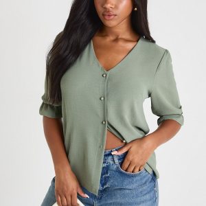 Hammered Puff Sleeve Button Front Blouse
