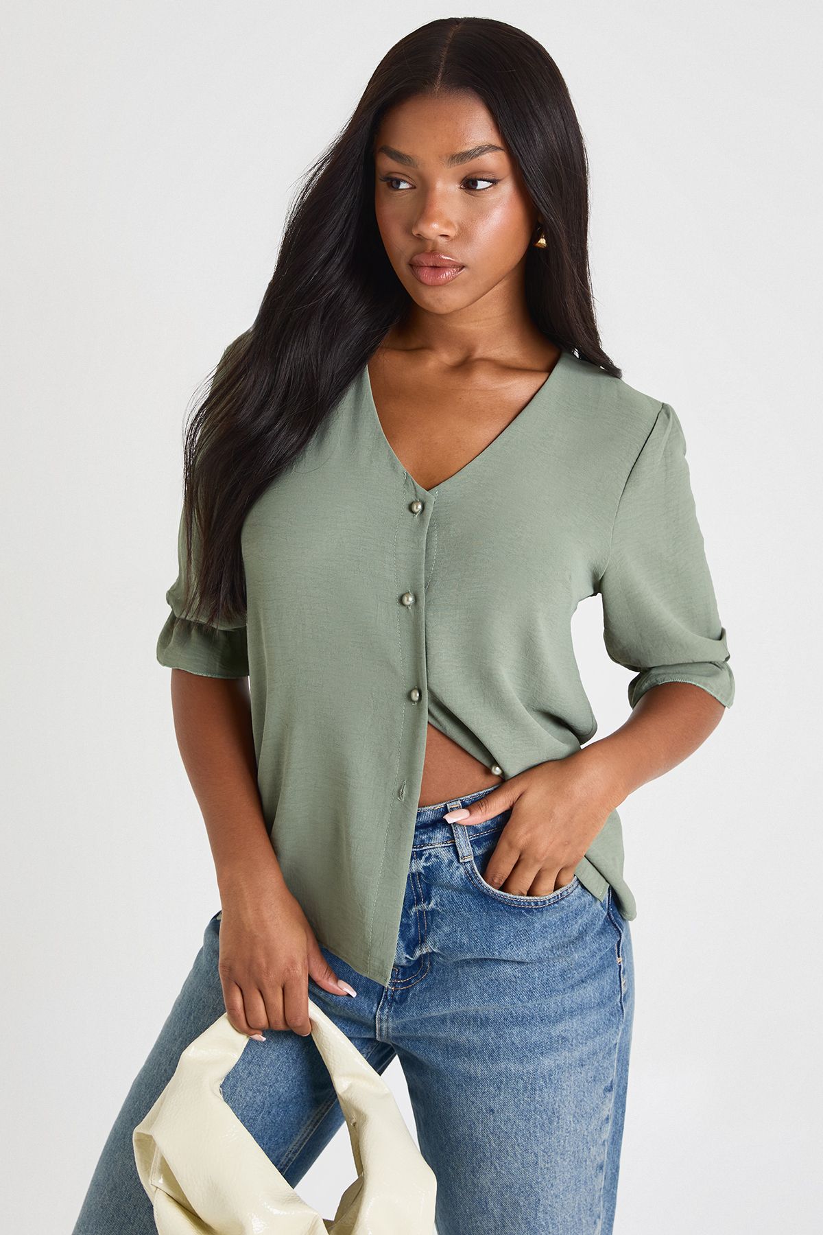 Hammered Puff Sleeve Button Front Blouse