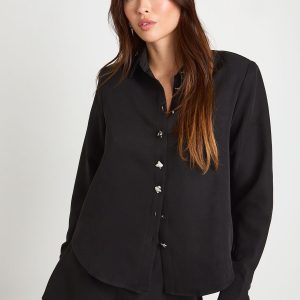 Silver Button Woven Shoulder Pad Shirt