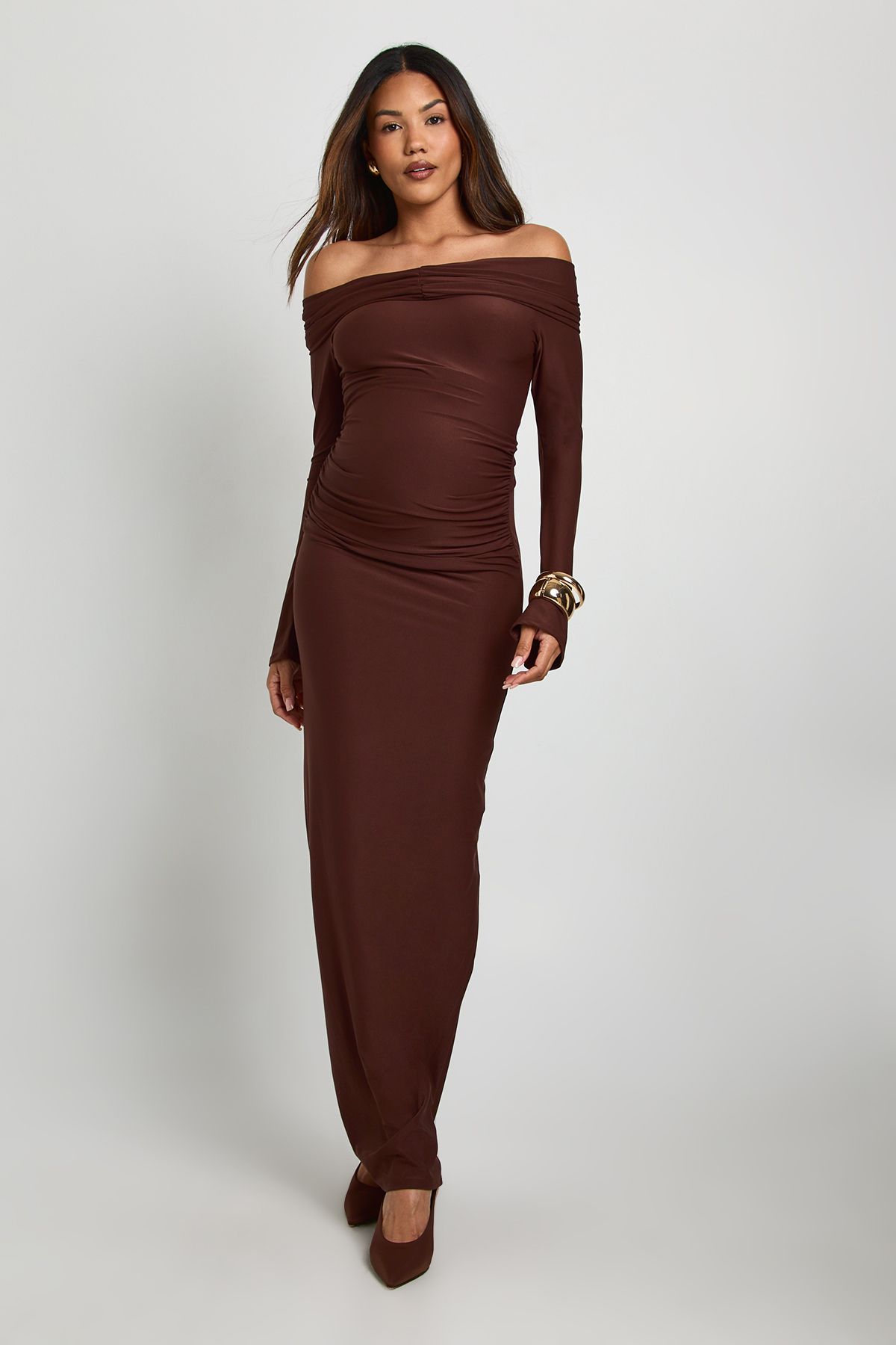 Maternity Bardot Ruched Flare Sleeve Maxi Dress - Image 3