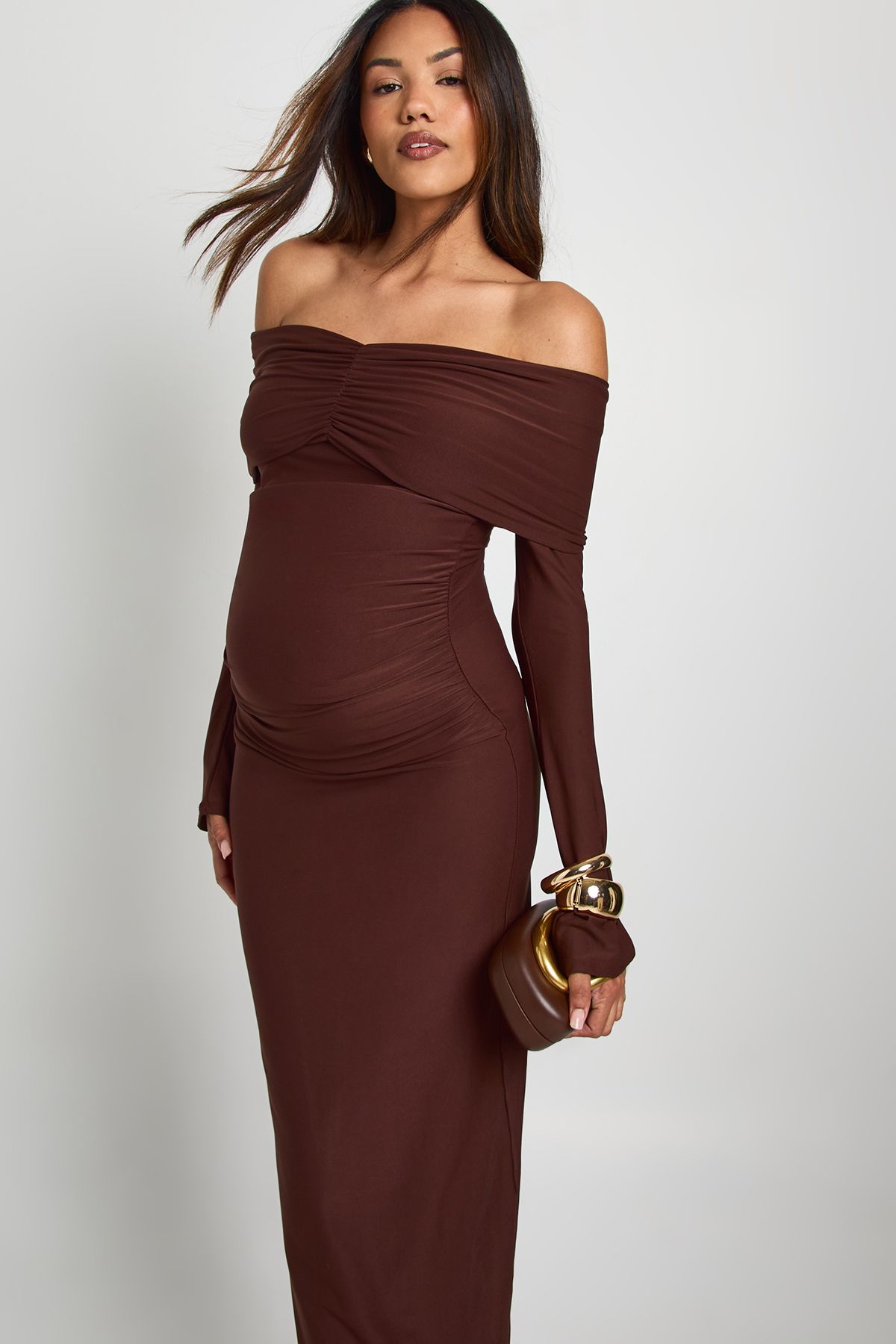 Maternity Bardot Ruched Flare Sleeve Maxi Dress - Image 4