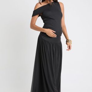 Maternity Ruched Drop Hem Mesh Dress