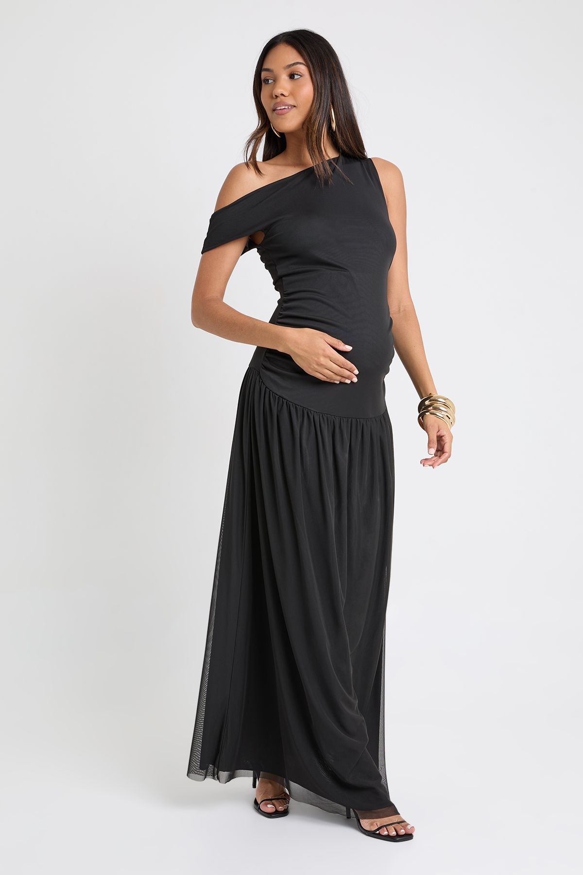 Maternity Ruched Drop Hem Mesh Dress