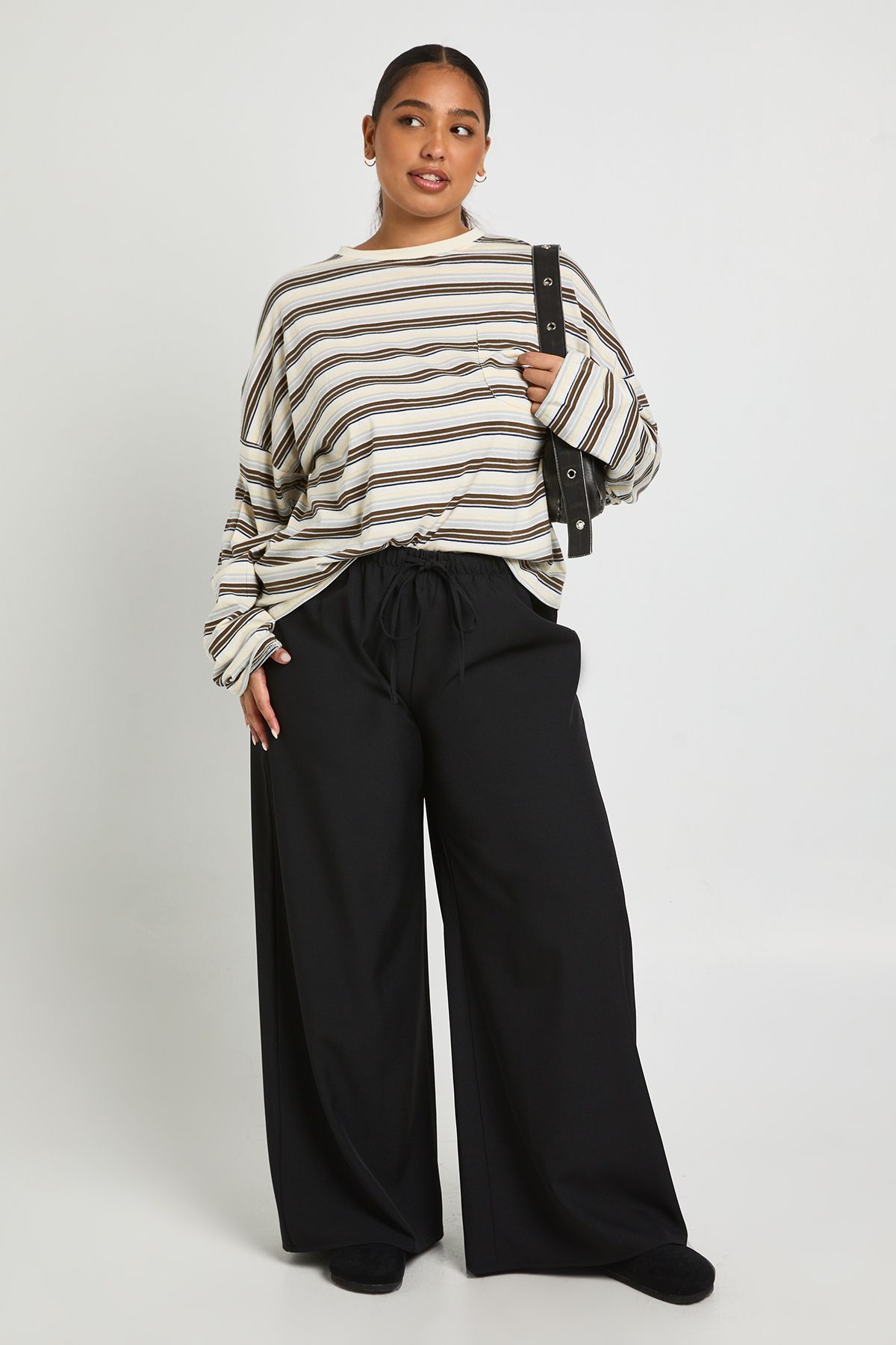 Plus Woven Elasticated Waist Drawstring Wide Leg Trouser