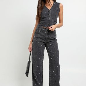 Studded High Waist Wide Leg