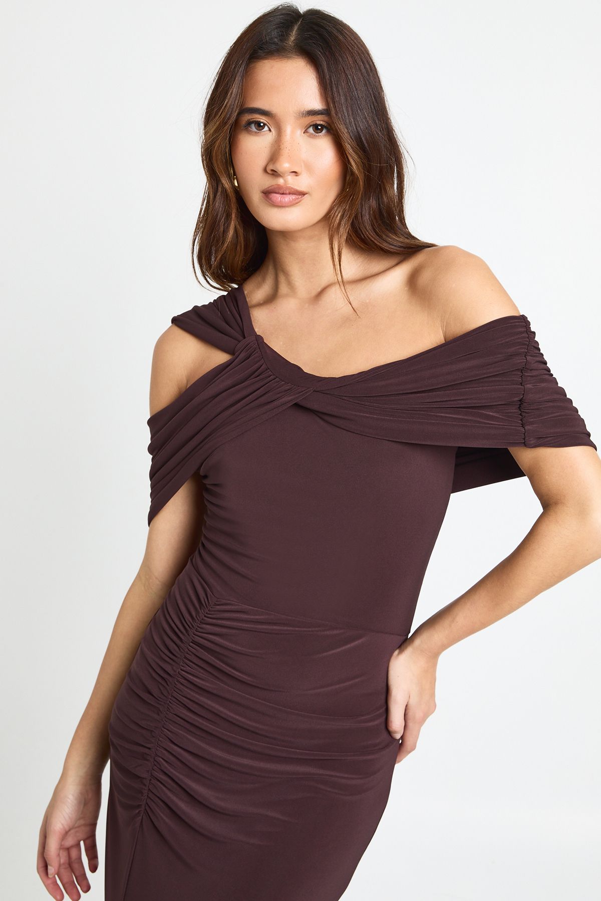 Twist Bardot Ruched Maxi Dress
