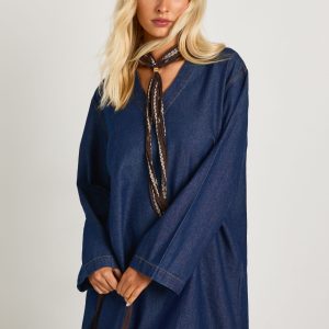 Chambray Oversized V Neck Shirt Dress