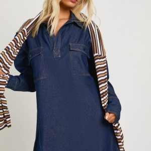 Chambray Oversized Pocket V Neck Shirt Dress