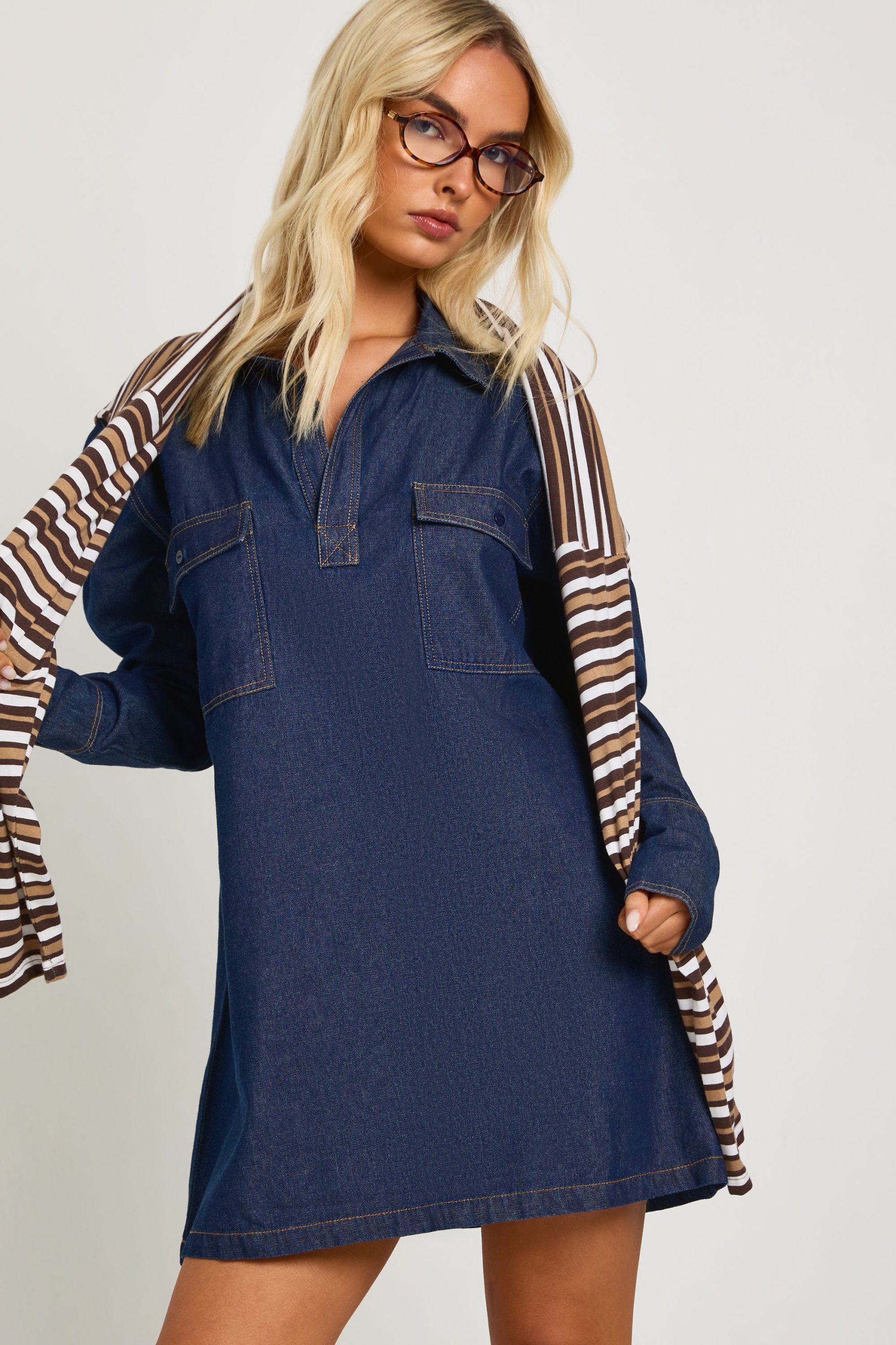Chambray Oversized Pocket V Neck Shirt Dress