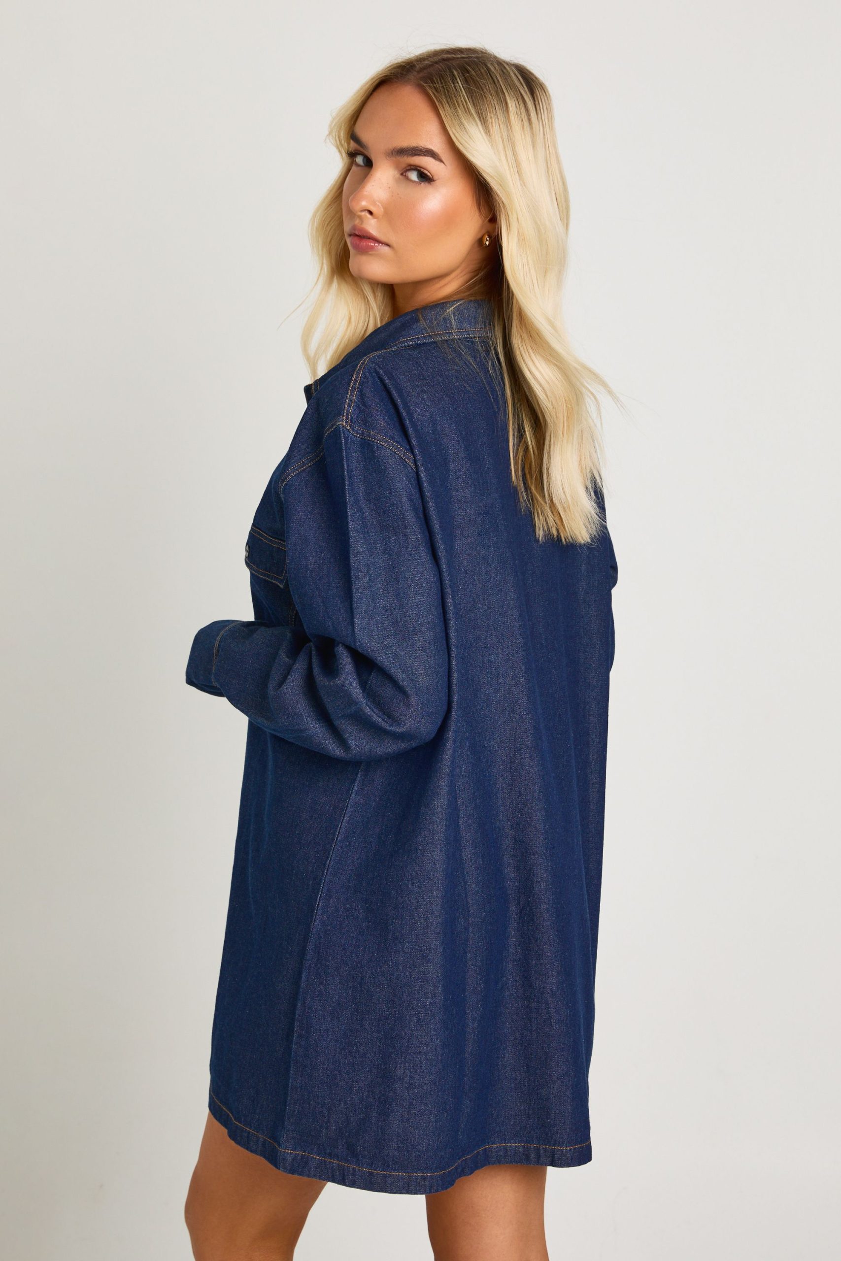 Chambray Oversized Pocket V Neck Shirt Dress - Image 2