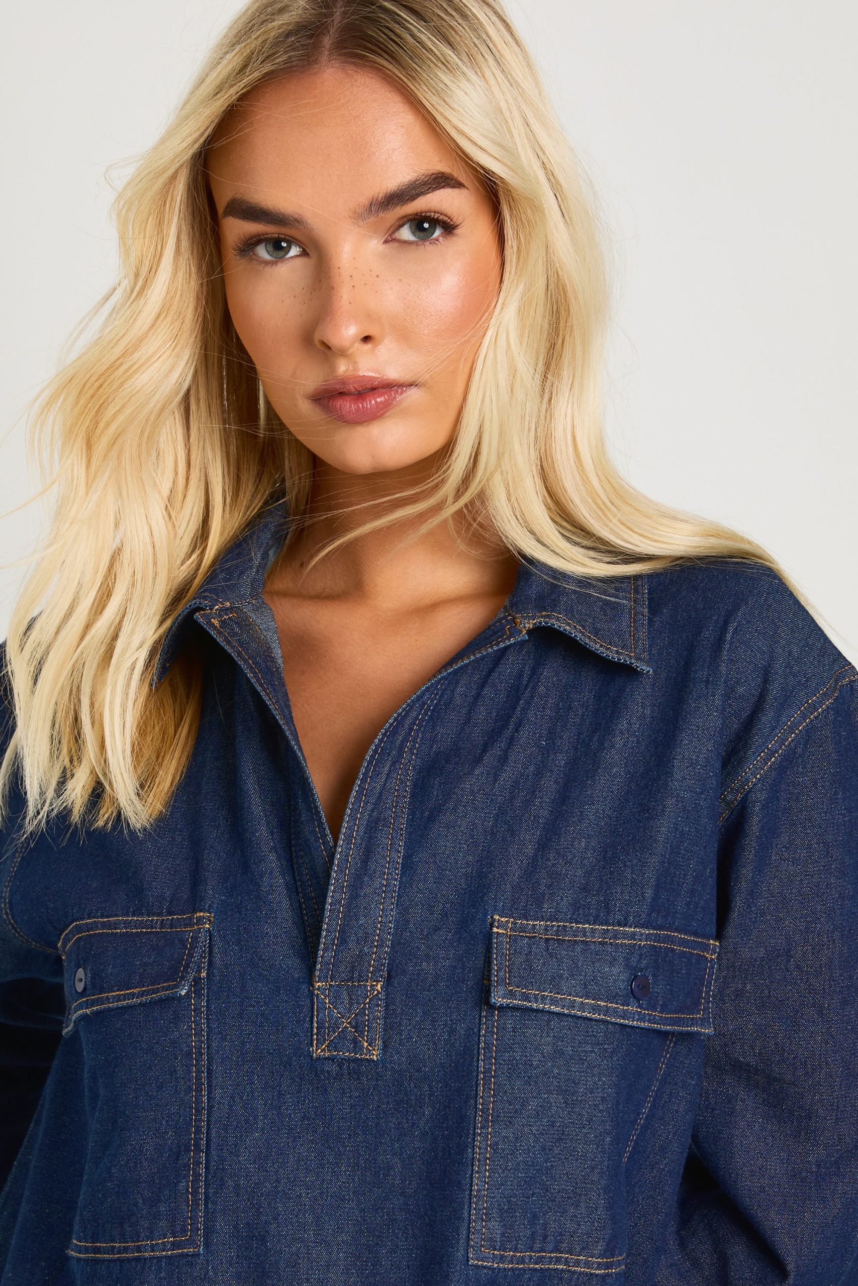 Chambray Oversized Pocket V Neck Shirt Dress - Image 4