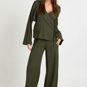 Textured Wrap Front Long Sleeve Top and Trouser Co Ord