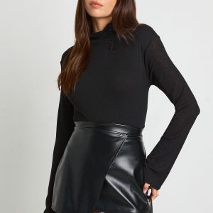 Leather Look Jersey Wrap Mini Skirt