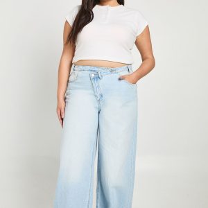 Plus High Waist Crossover Waistband Wide Leg Jean