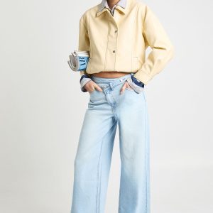 High Waist Crossover Waistband Wide Leg Jean
