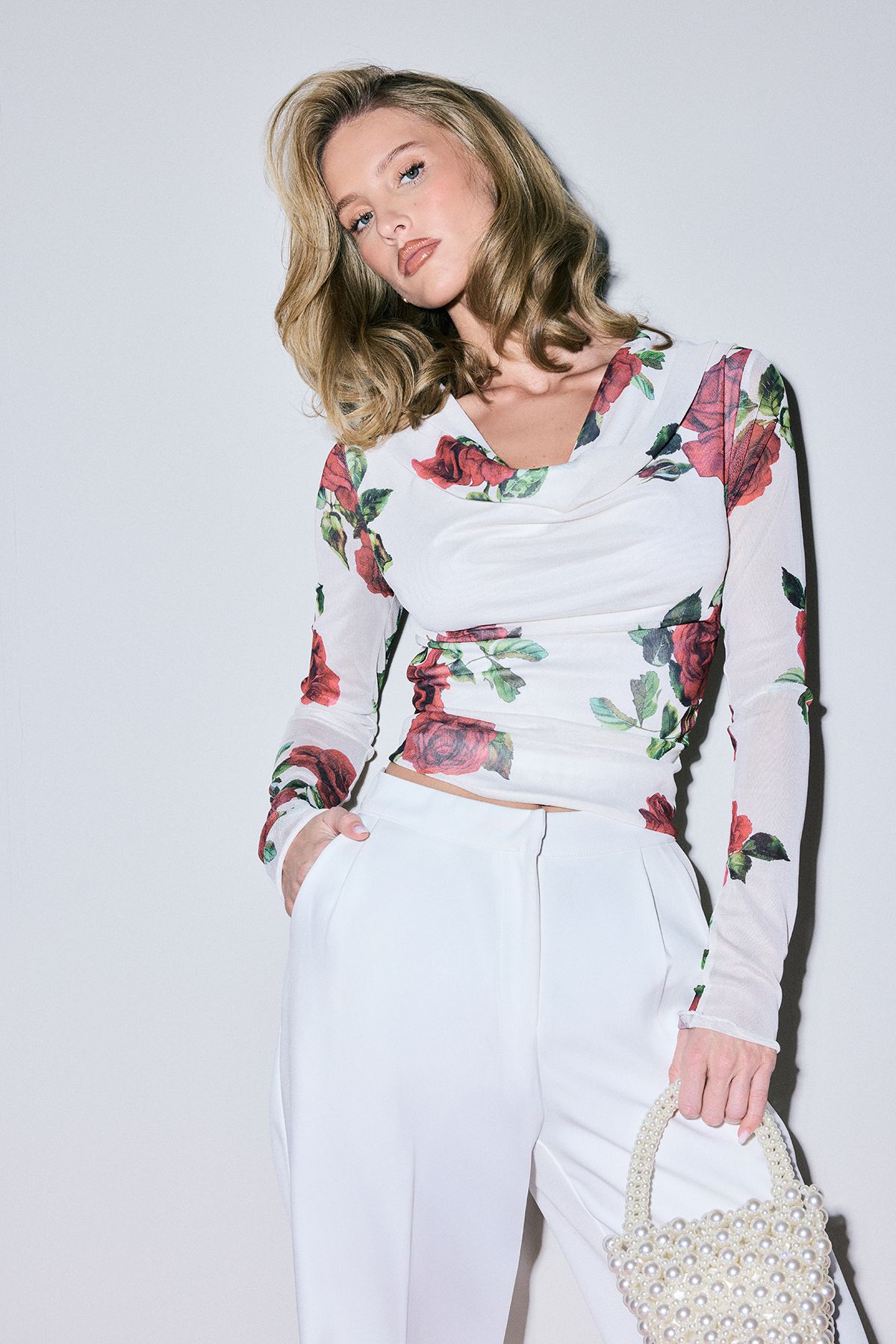 Rose Print Mesh Cowl Neck Long Sleeve Top - Image 2