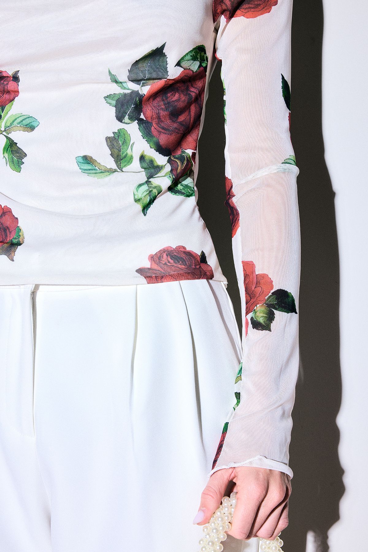 Rose Print Mesh Cowl Neck Long Sleeve Top - Image 4